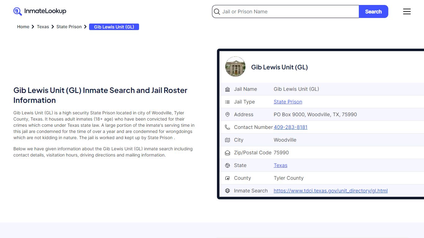 Gib Lewis Unit (GL) Inmate Search and Jail Roster Information